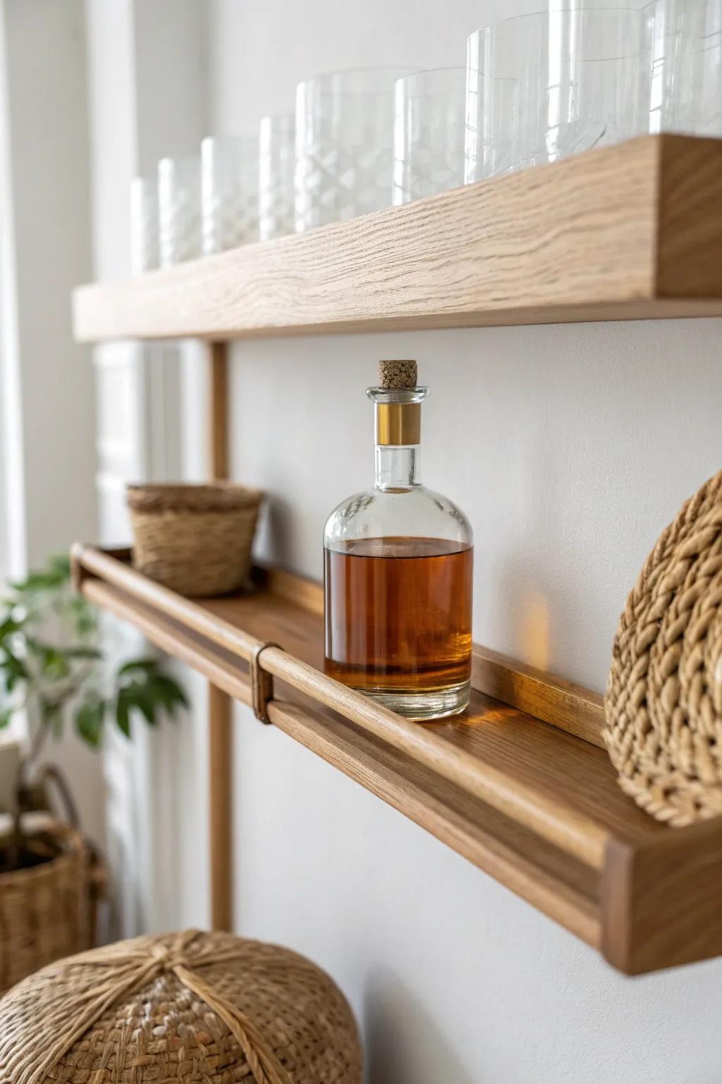 A sleek guard-rail wall shelf keeps your favorite bottle secure—stylish and kid/pet-safe.