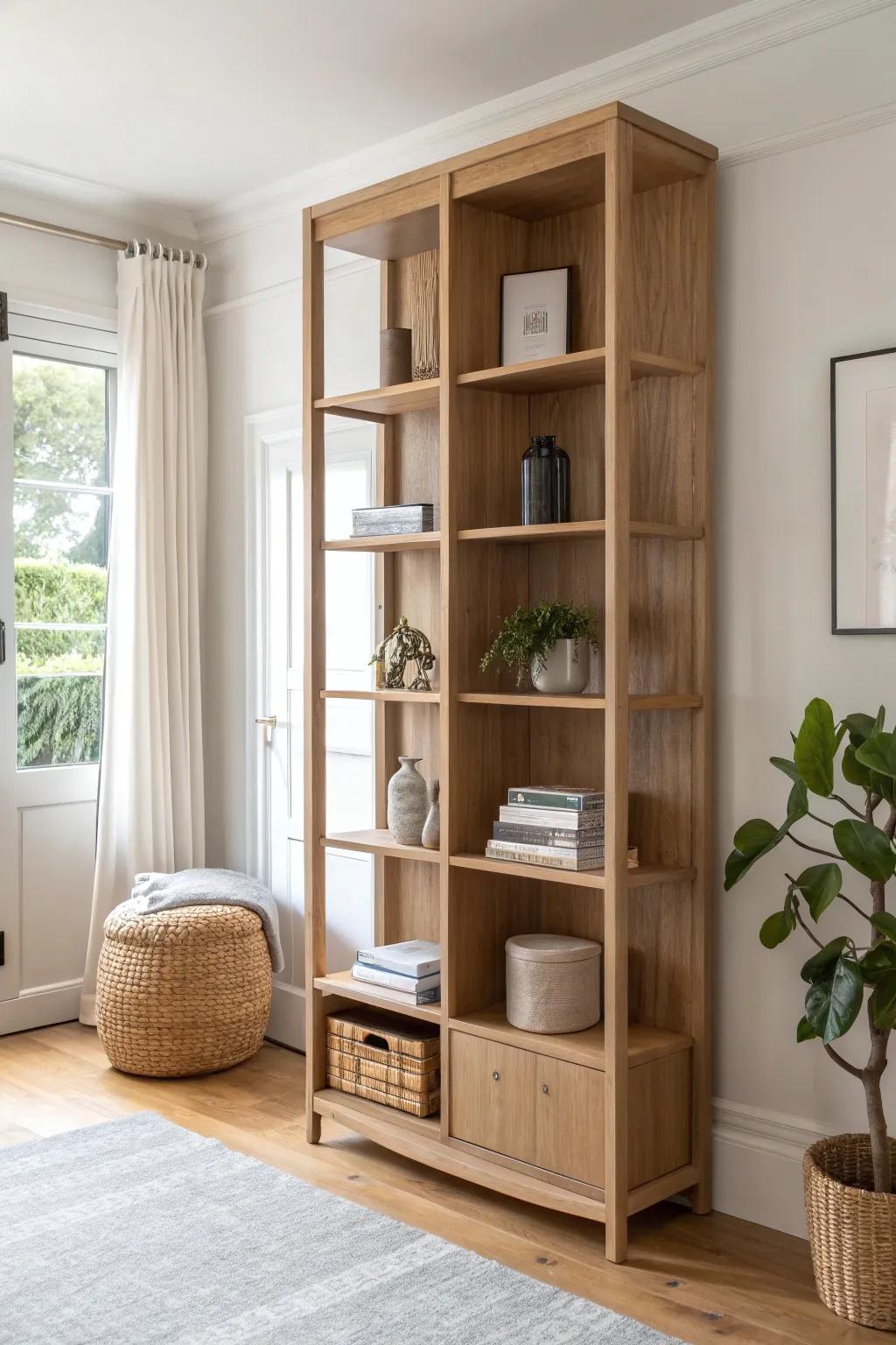 A two-sided bookcase divider adds airy separation—style with plants and leave space to breathe.