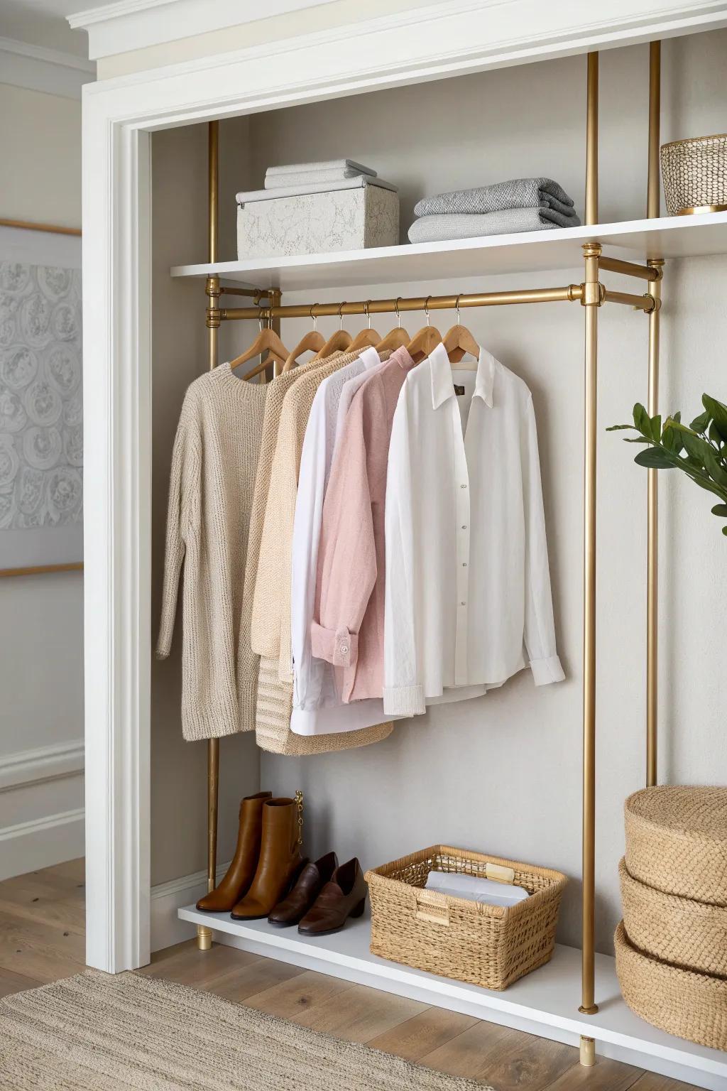 Double hanging rods turn a narrow living room closet into twice the space—instantly.