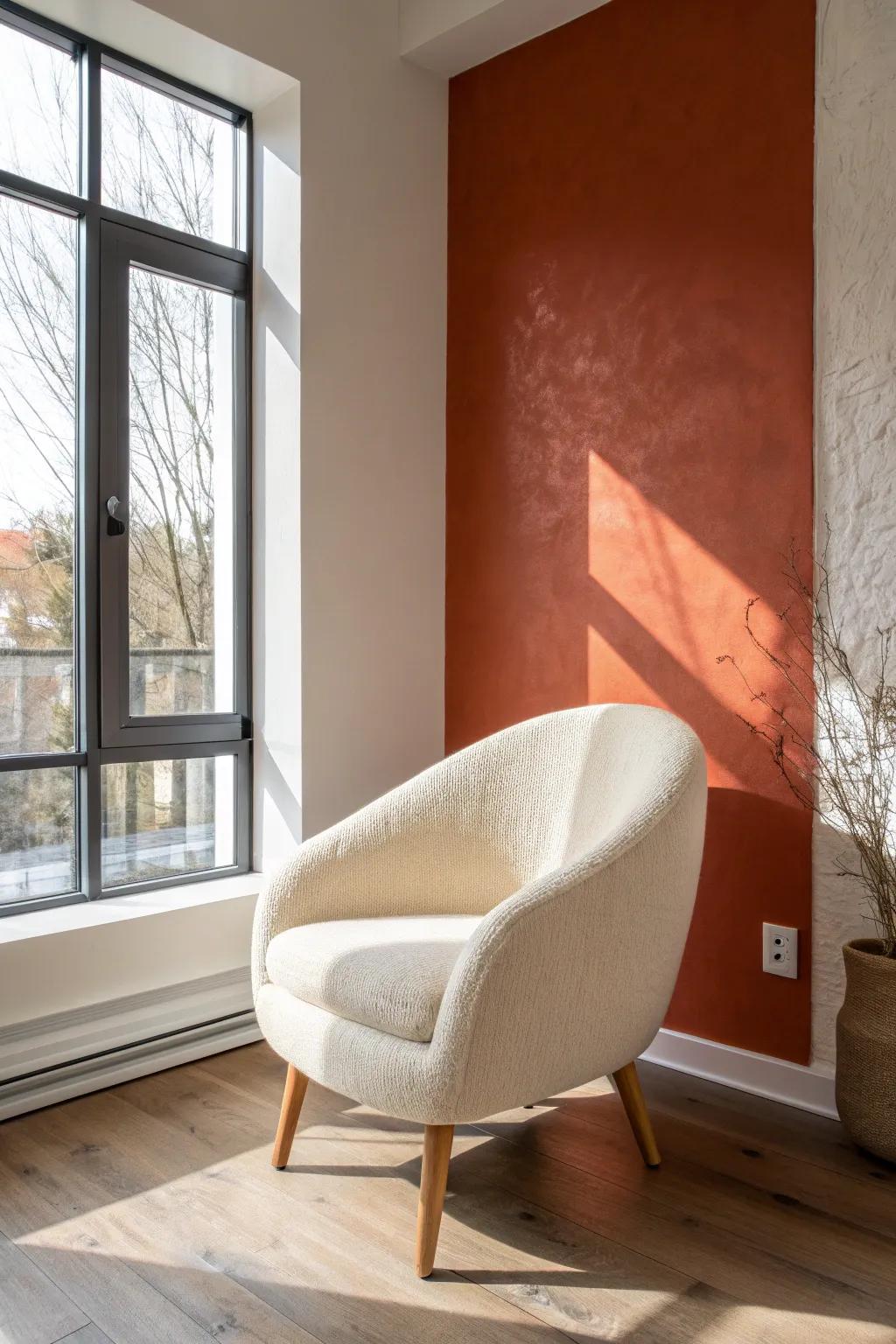 One textured accent wall + a sculptural chair adds depth without shrinking your condo.