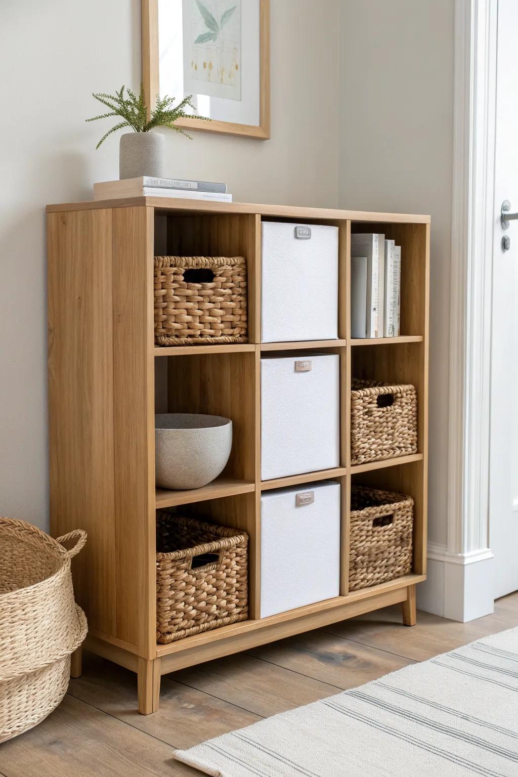 70/30 cube styling: woven baskets hide clutter while open cubes keep it light and lovely.