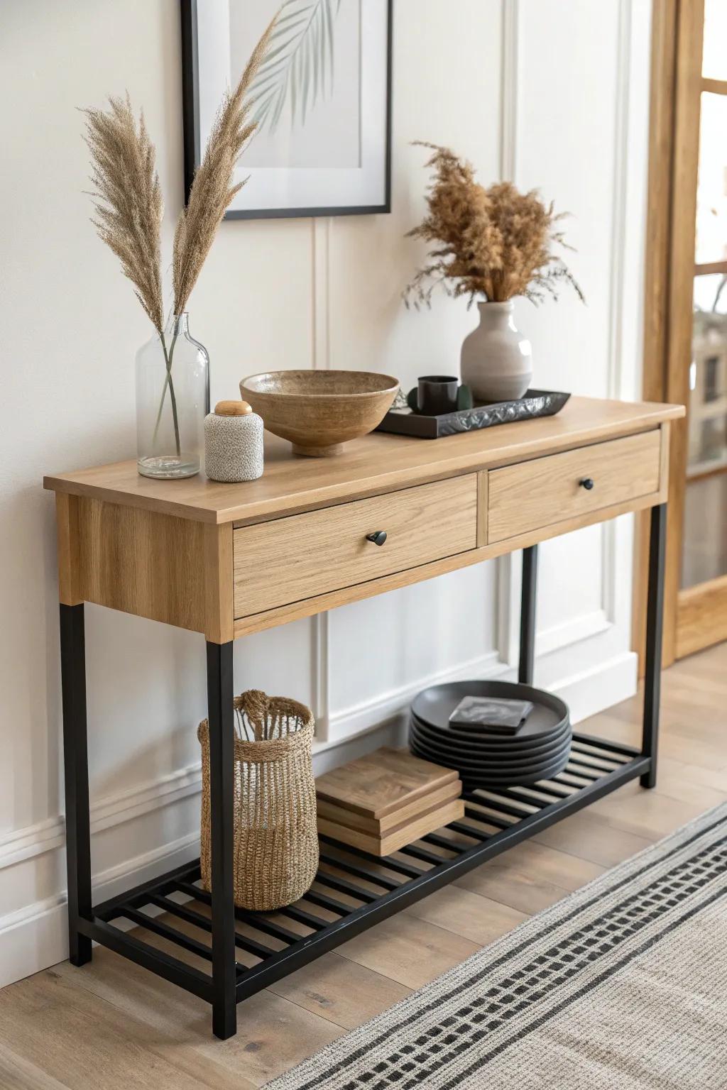 A slim console table that hides a chic weight rack—small-space gym without the clutter.