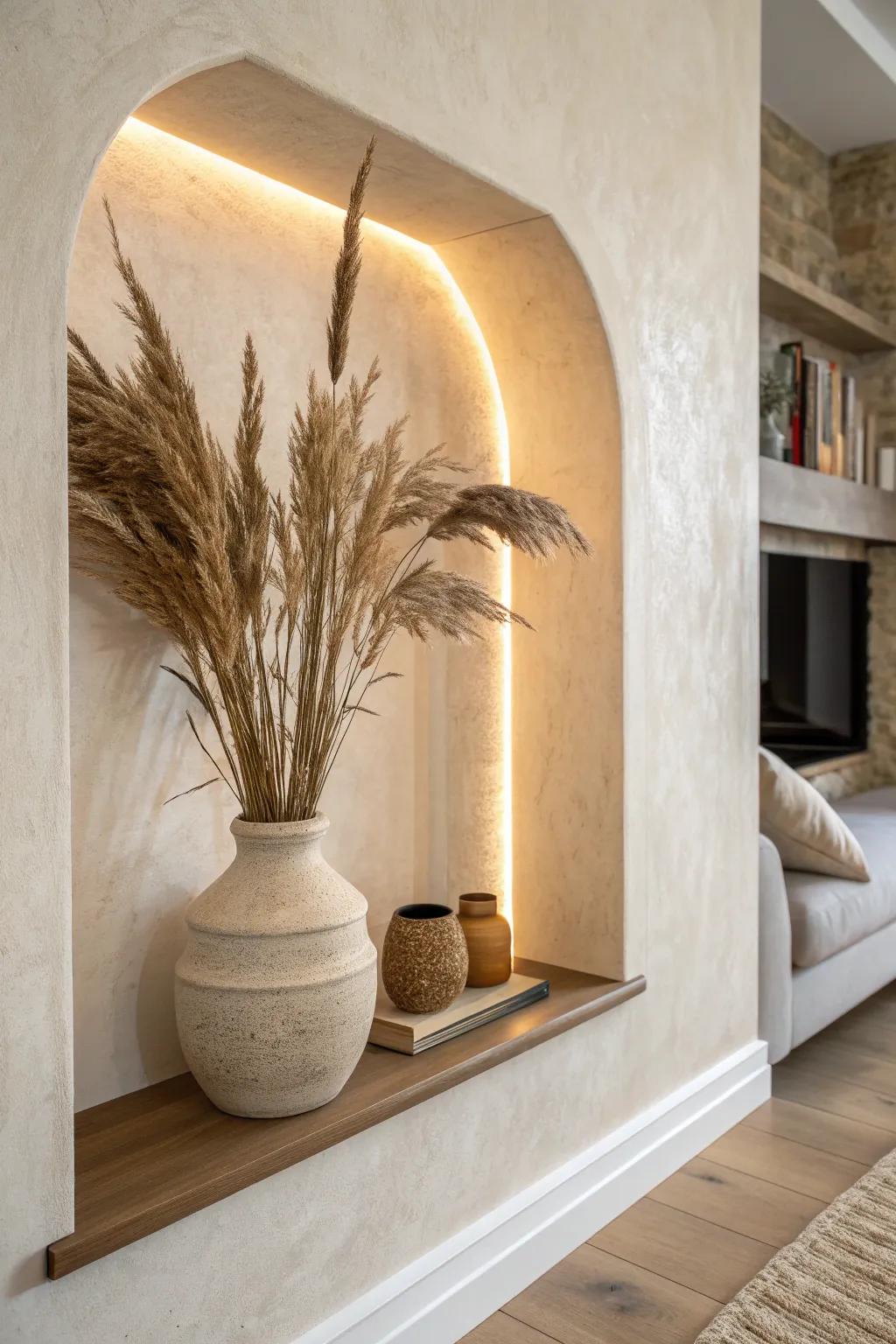 Soft integrated niche lighting that glows warmly—an instant cozy upgrade for small living rooms.