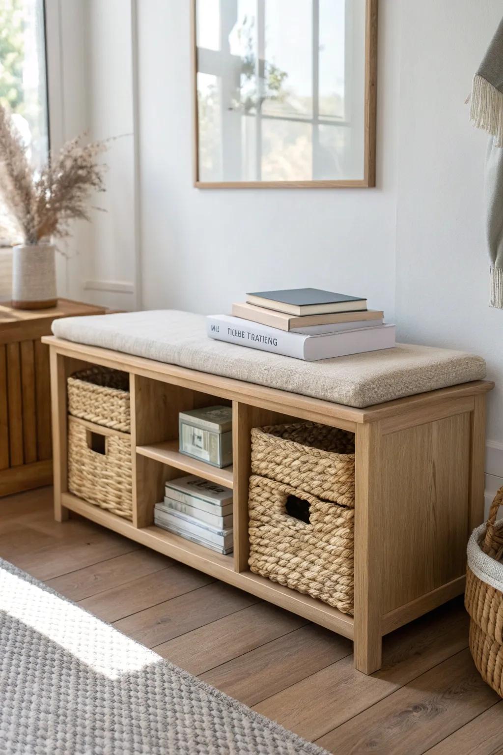 One pretty storage bench creates a zone—and gives every book, shoe, and throw a home.