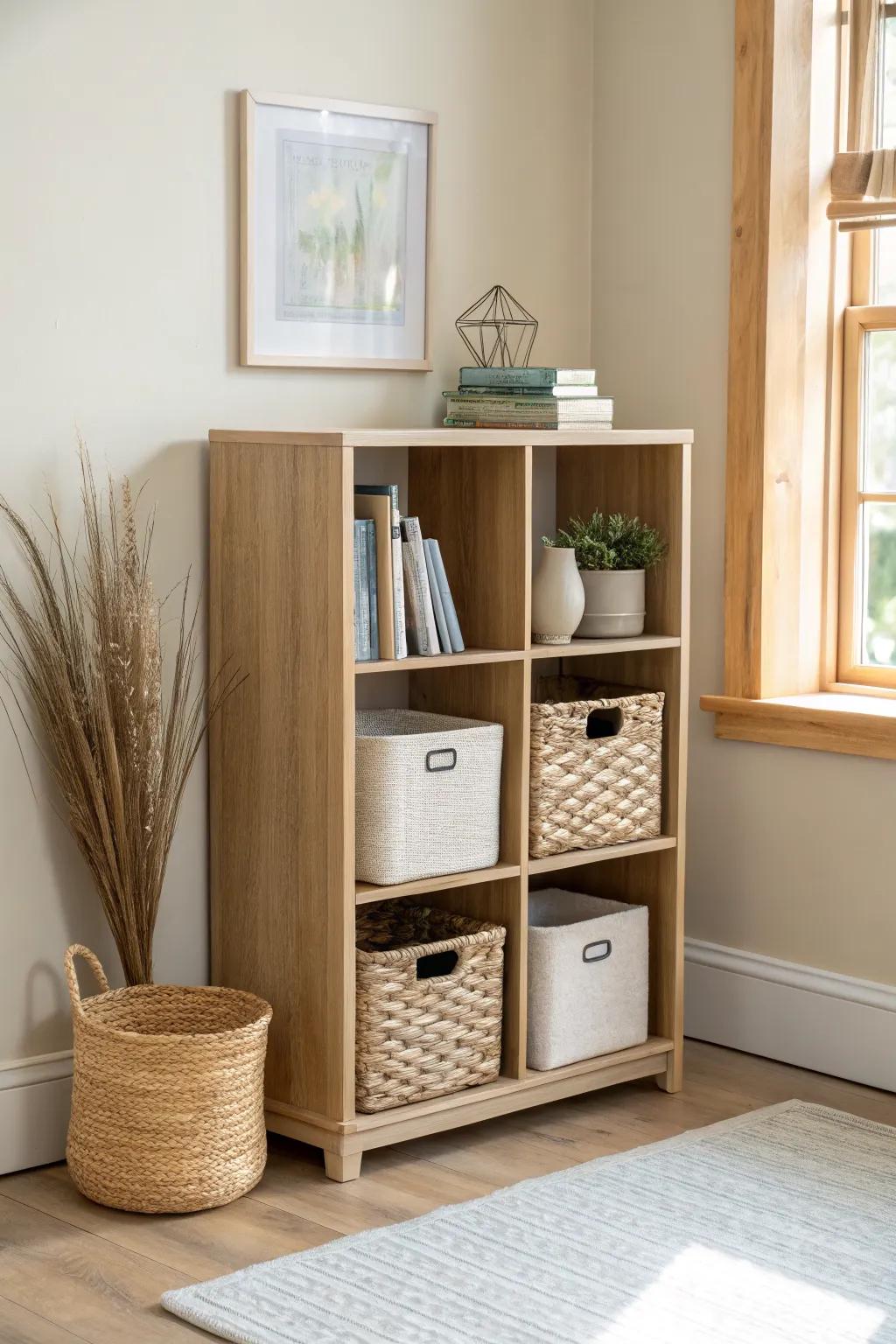 Modular cube shelves: open cubes for pretty spines, woven bins to keep a tiny living room calm.