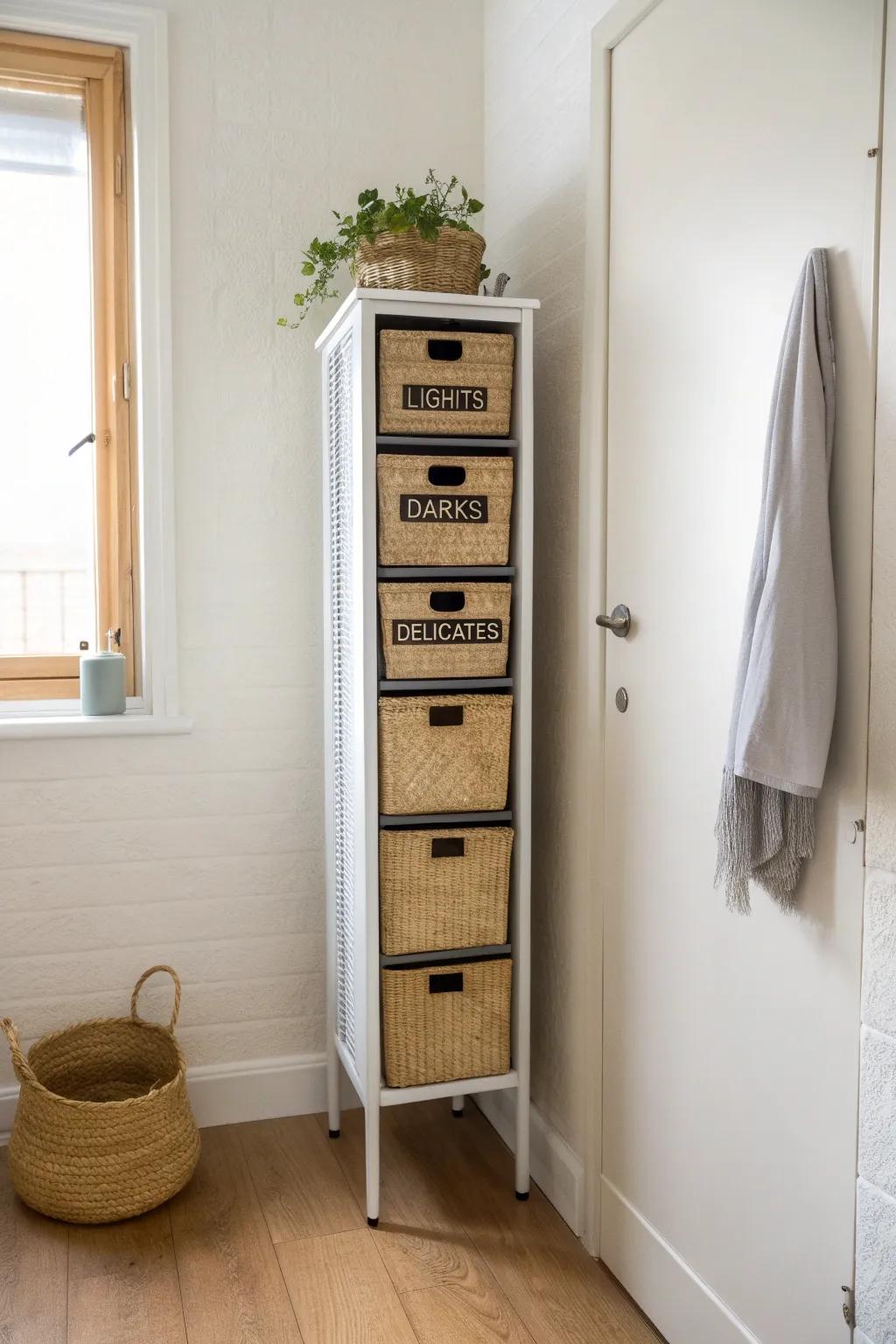 A slim laundry locker with labeled stackable bins—lights, darks, delicates—sorted in seconds.