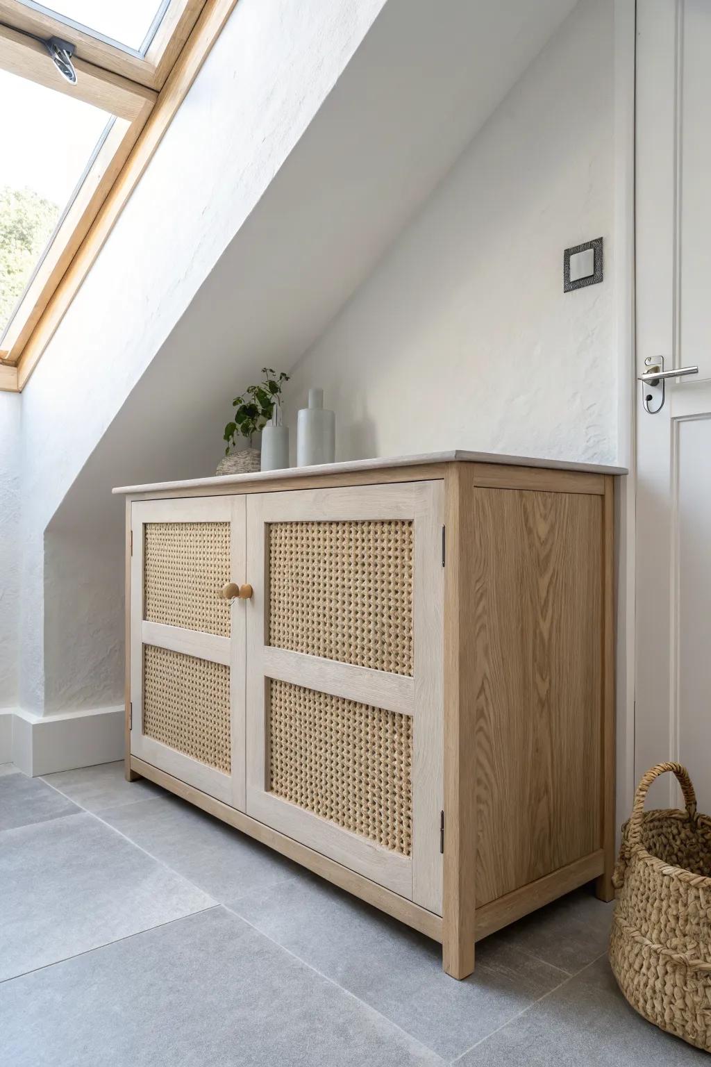 Turn low eaves into chic built-ins—hidden towels, calm counters, and cozy loft style.