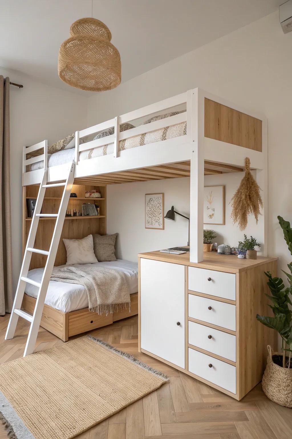 Half-loft bed for low ceilings: raised sleep zone with a slim desk and hidden storage below.