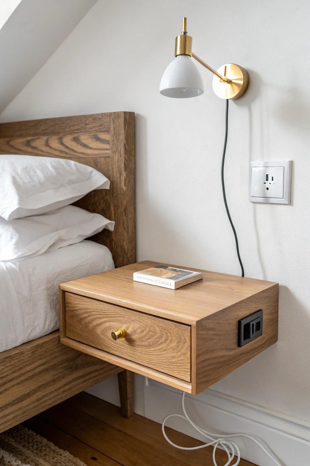 Floating oak nightstand with plug-in sconce—loft bedroom style with zero floor clutter.