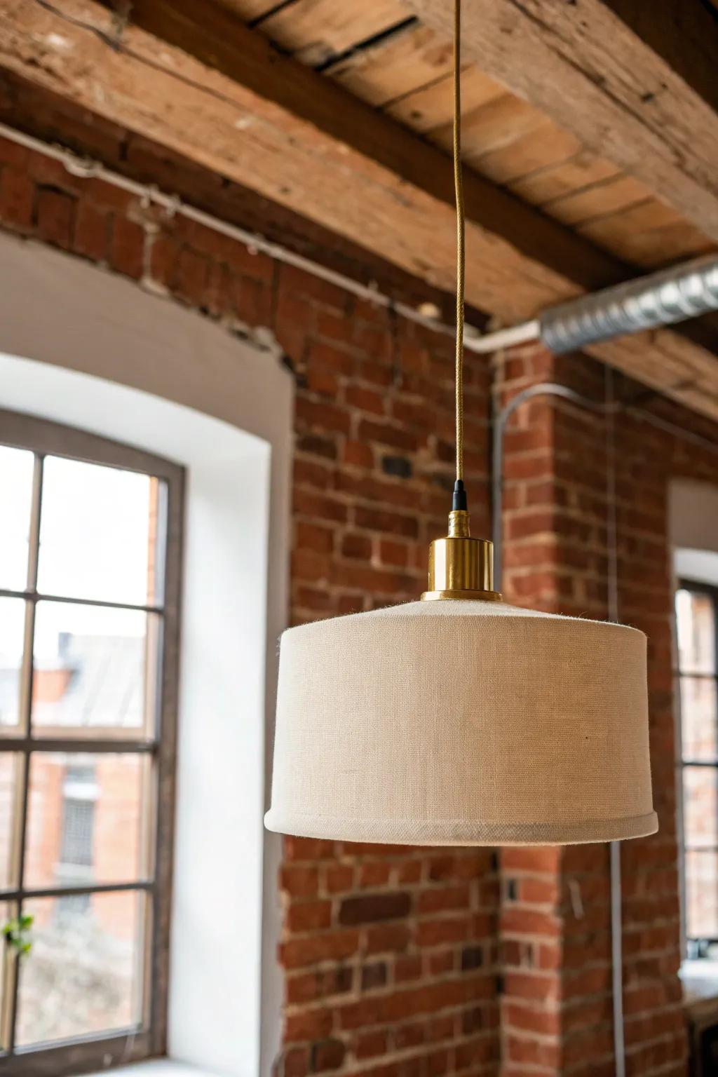 Let exposed brick and beams shine—soft linen and warm brass keep the loft cozy.