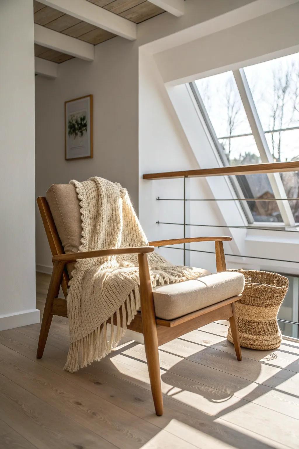 Crafted oak lounge chair on a mezzanine balcony—your small-space loft library getaway.