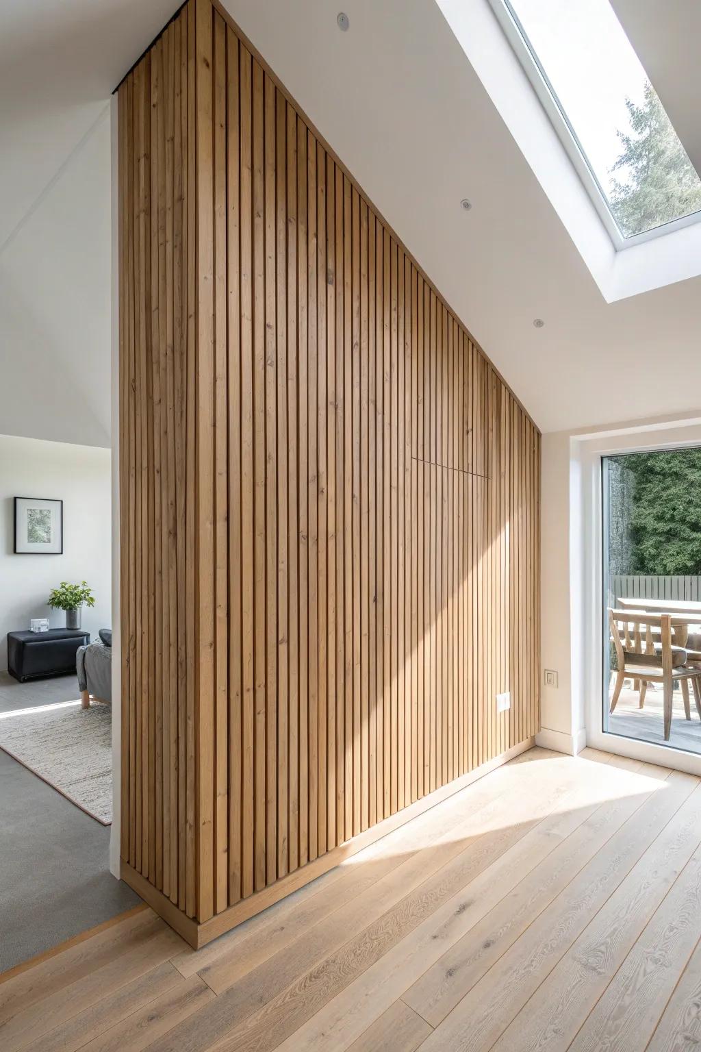 A single oak slat panel adds instant texture and depth to a double-height loft wall.