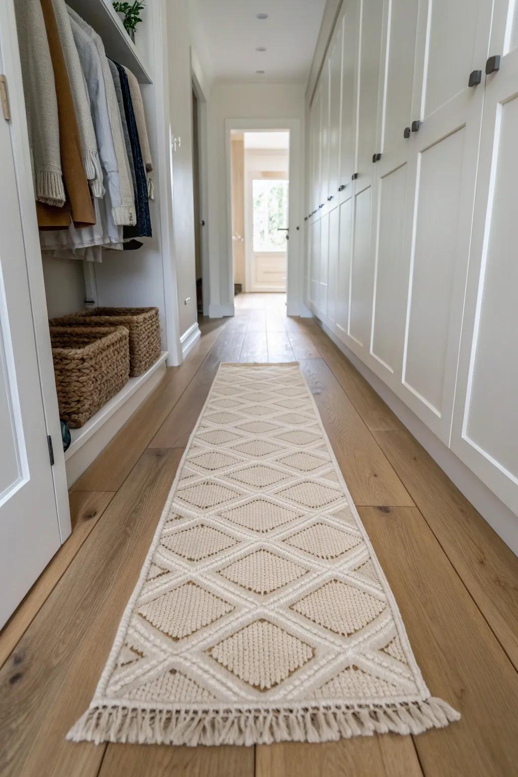 A clutter-free center aisle turns a long closet into a calm, easy-to-use mini hallway.
