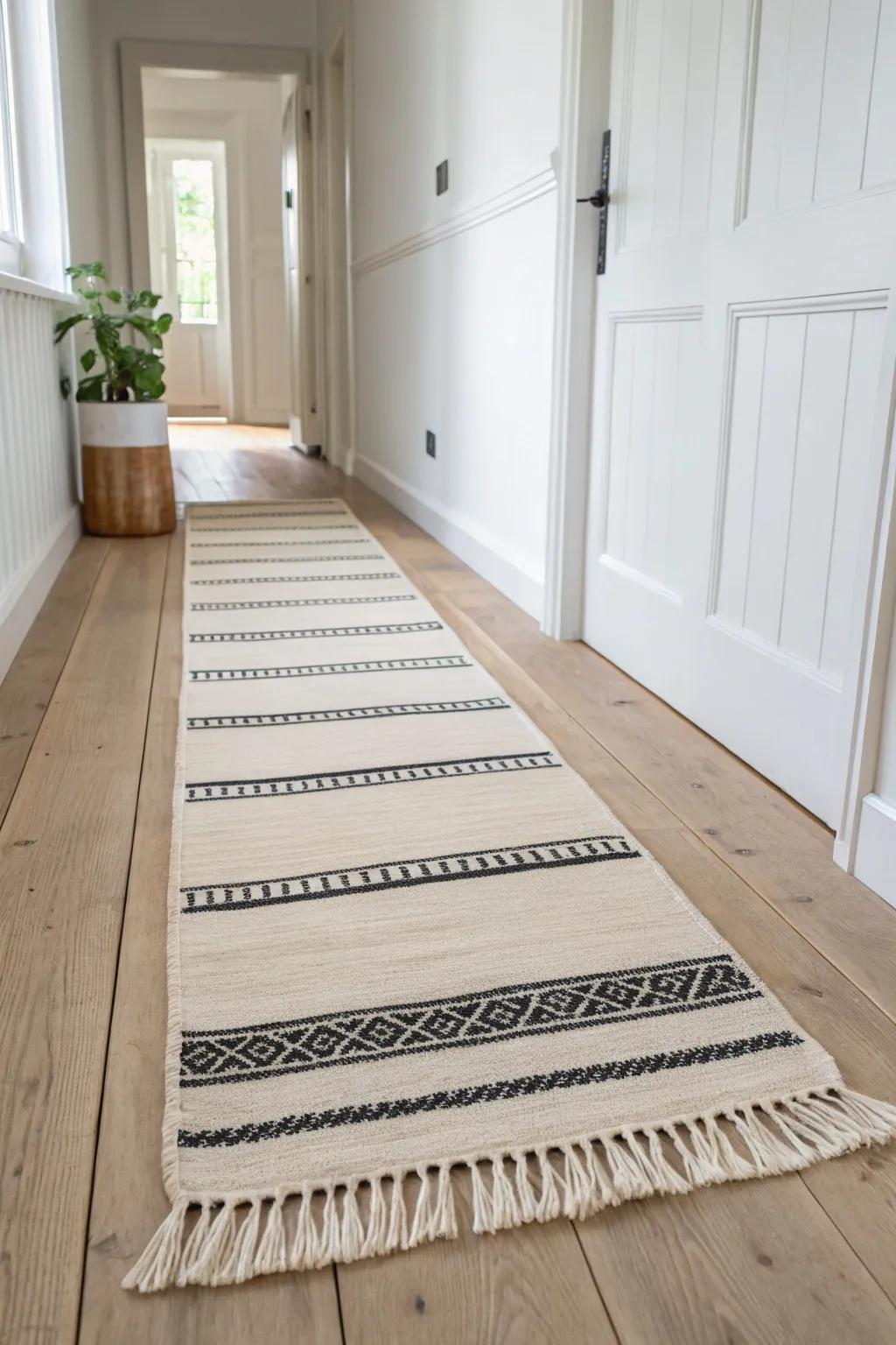Choose a washable flatweave runner—high-contrast, boho fringe, and built for daily traffic.