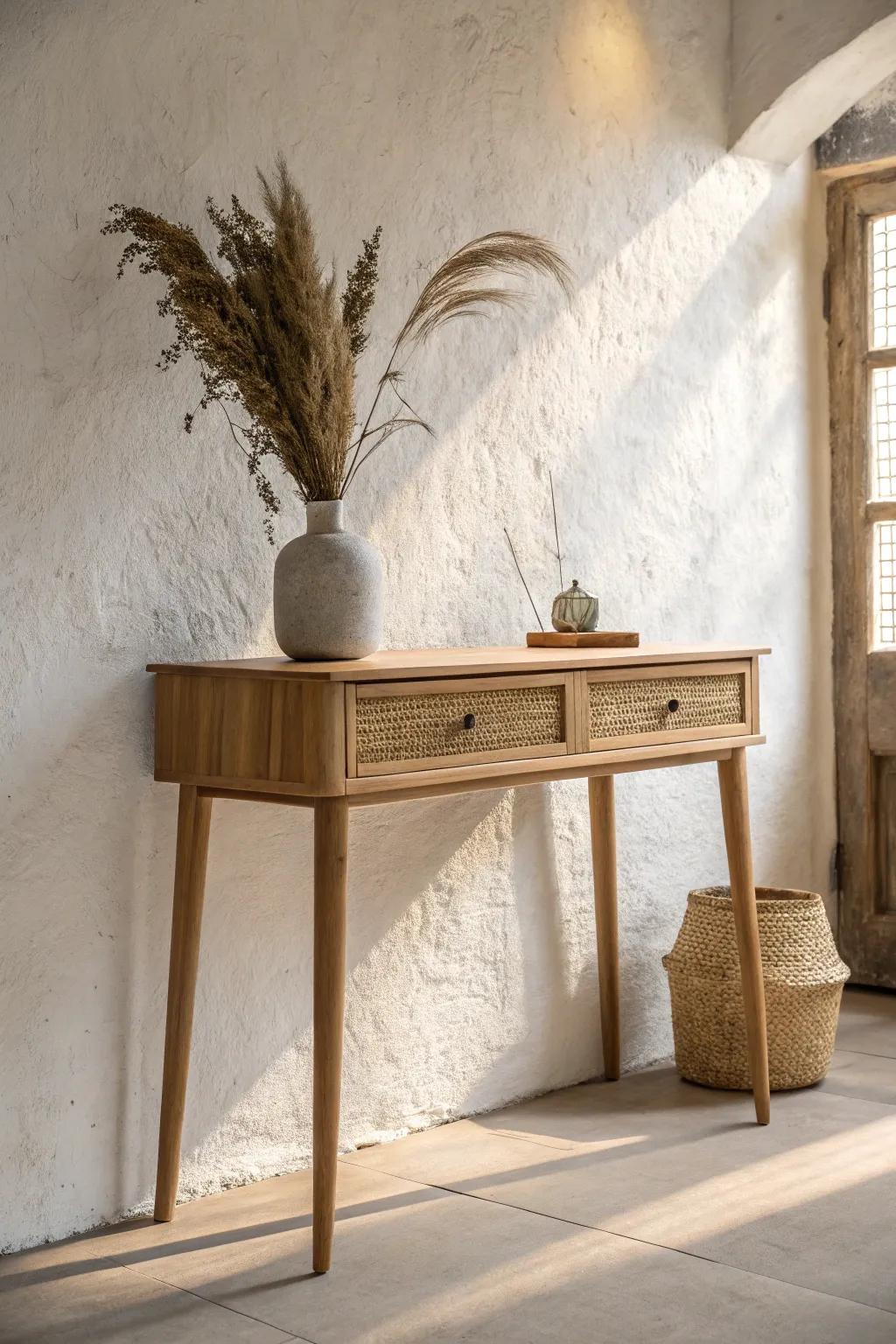 A slim console keeps your long basement walkway open—minimal, warm, and beautifully practical.