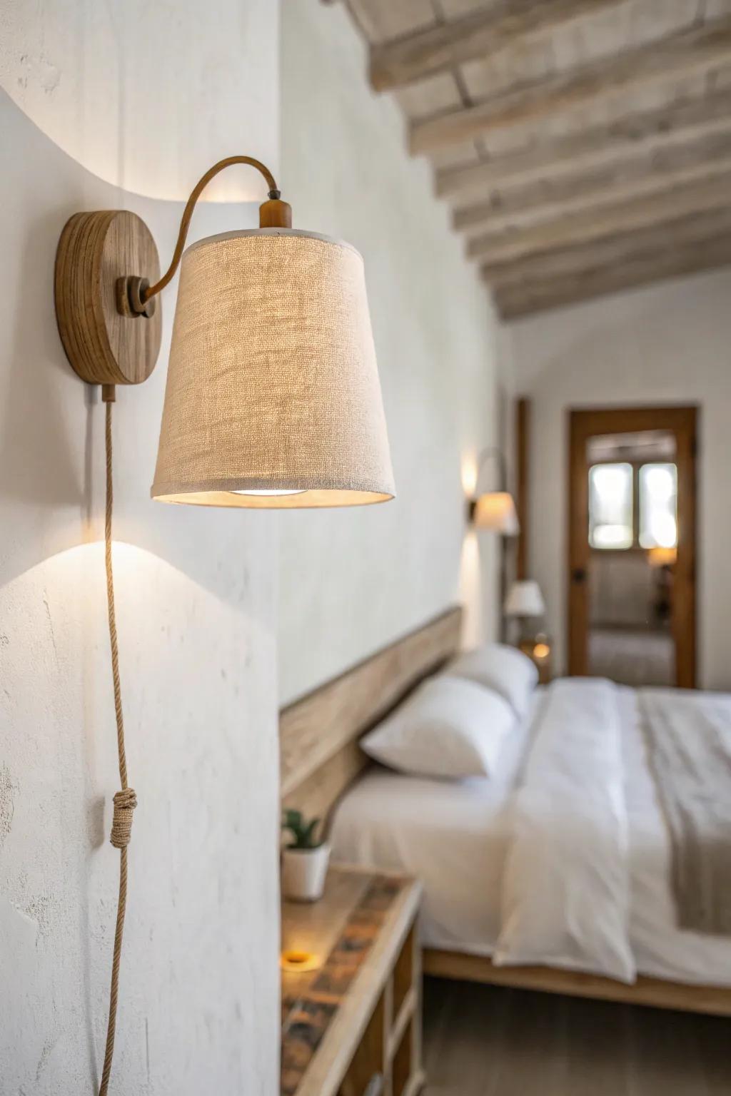 Swap floor lamps for a wall sconce—warm light, clean corners, and more space to breathe.