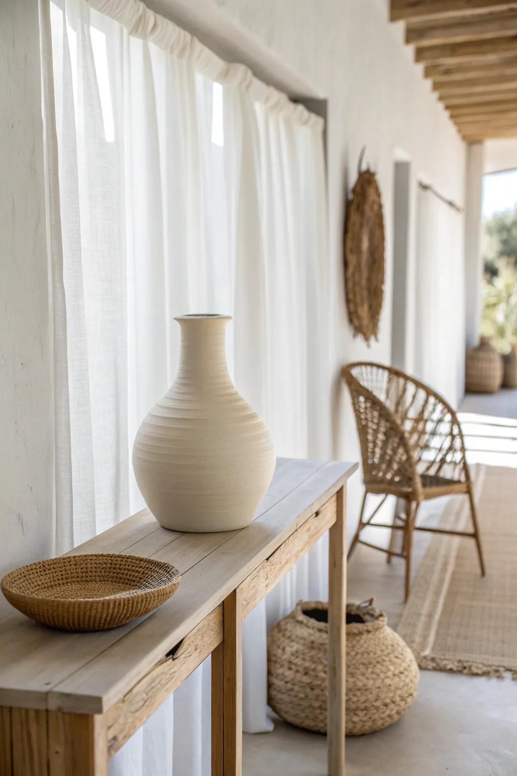 Soft neutral ceramics + linen-filtered light make a long narrow sunroom feel wider.