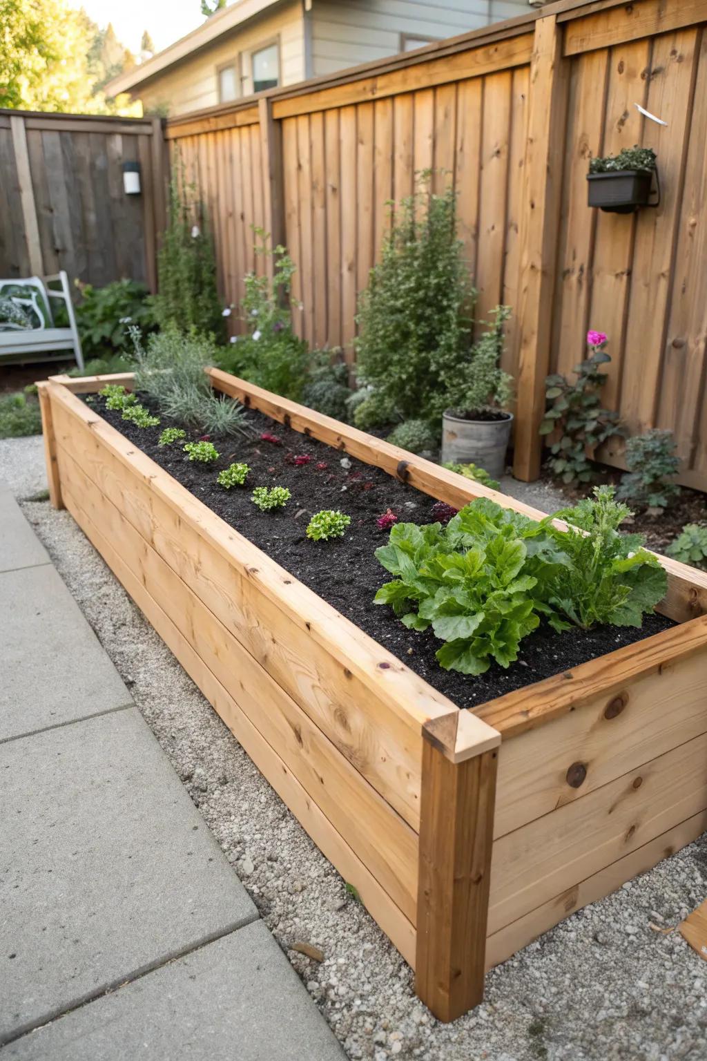 A single cedar raised bed keeps a tiny, grass-free backyard tidy, lush, and low maintenance.