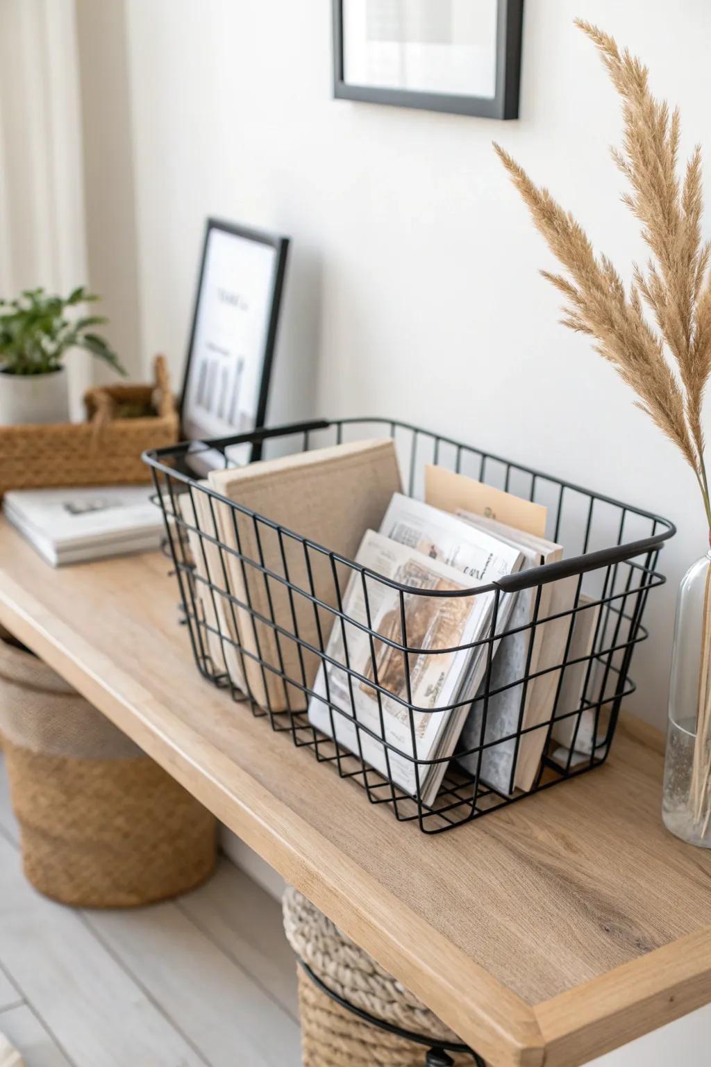 A sleek wire basket on your entry console keeps magazines tidy and ready to pass along.