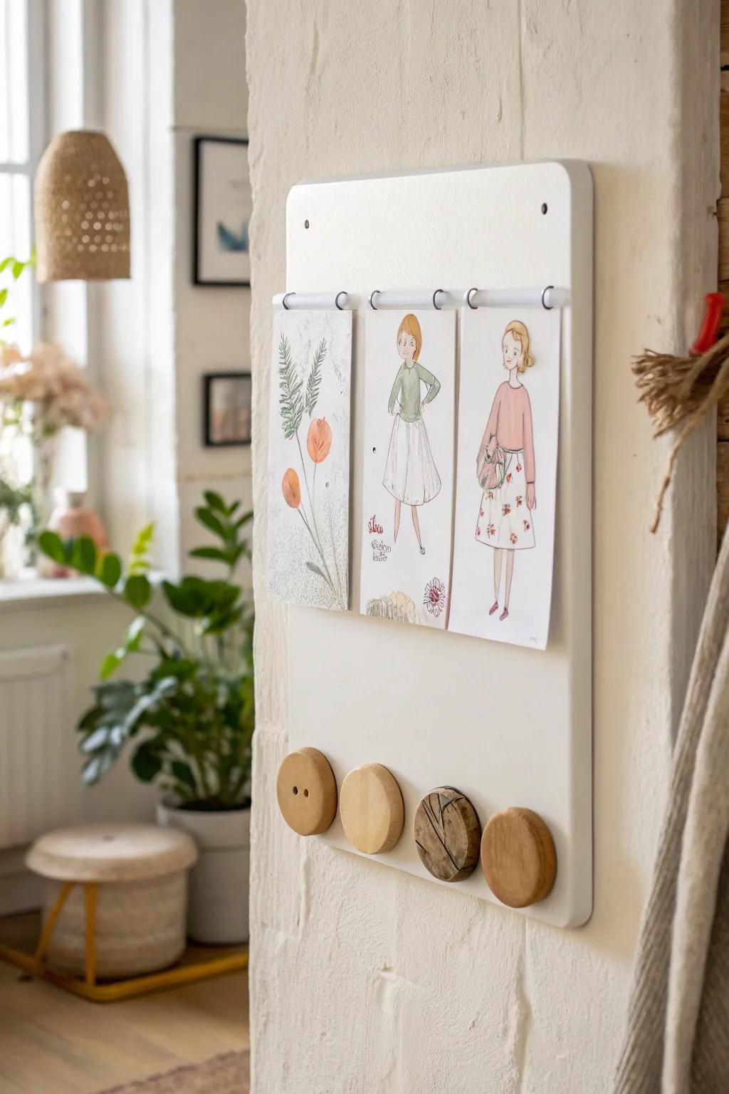 A calm magnetic art wall that lets kids swap masterpieces in seconds—no fridge clutter.