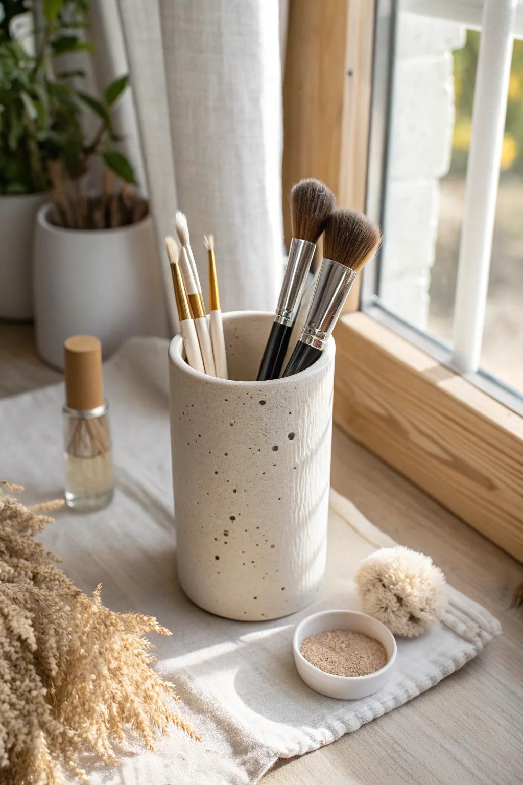 Keep makeup brushes upright in a divided cup for a tidy, dust-free vanity in seconds.