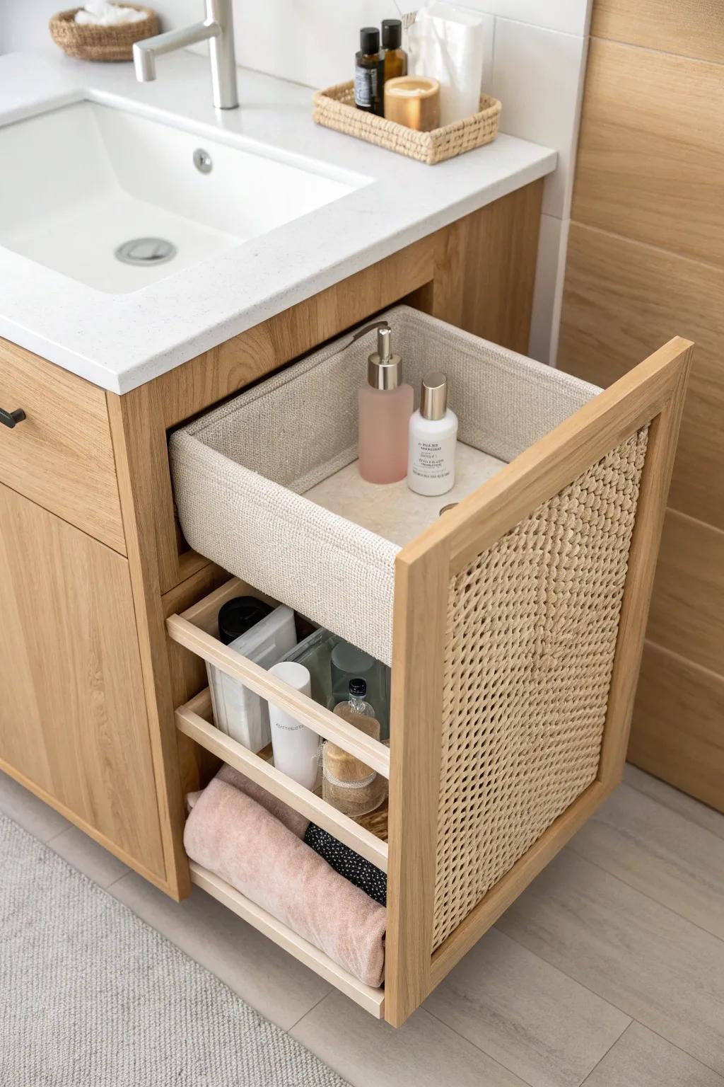 A slim slide-out bin under the sink keeps foundation backups and setting sprays neatly sorted.