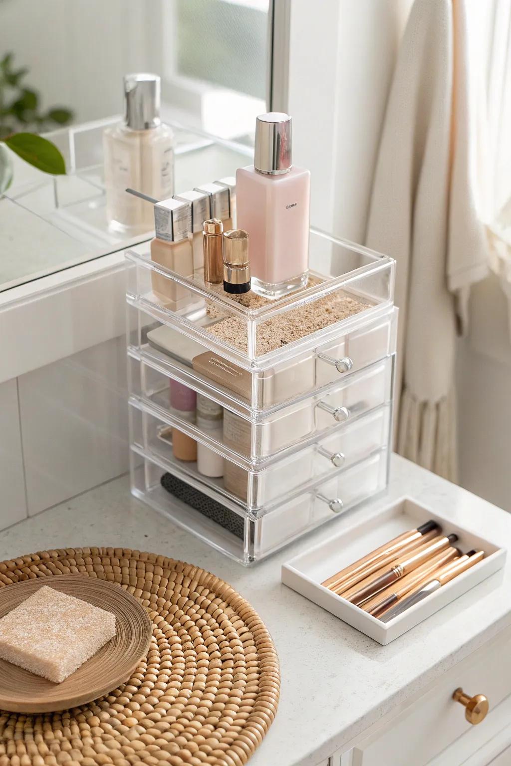 Stack up, not out: a chic vertical organizer keeps your vanity clean and breathable.