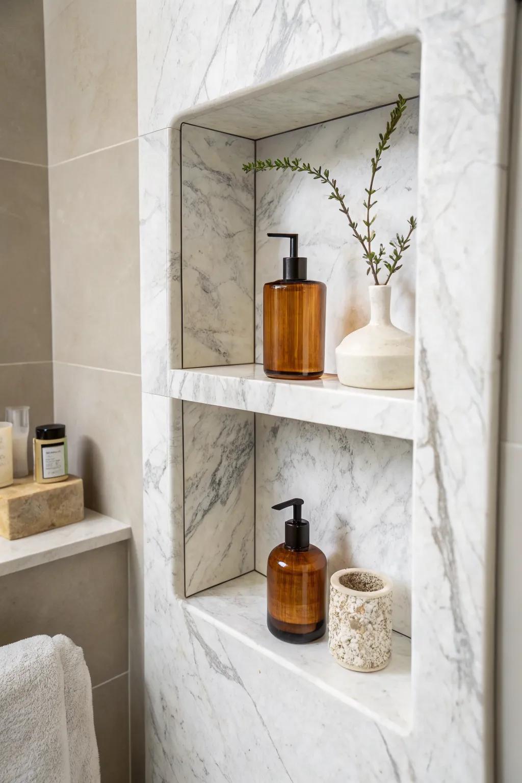 Double-decker marble niche: tall bottles up top, small essentials below—zero shower clutter.