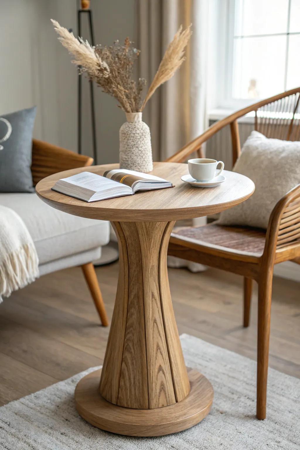 A cozy two-chair moment—shared table, warm wood, and books for a calm bedroom nook.
