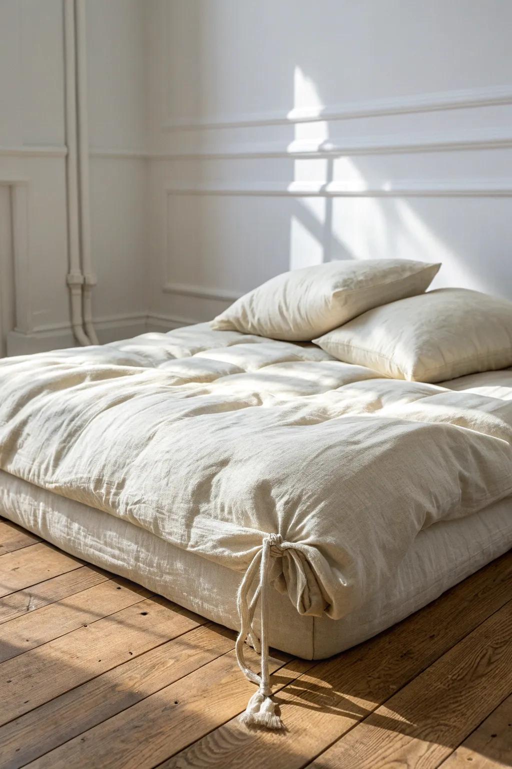Rumpled ivory linen on a floor mattress—effortless texture that makes small rooms feel serene.