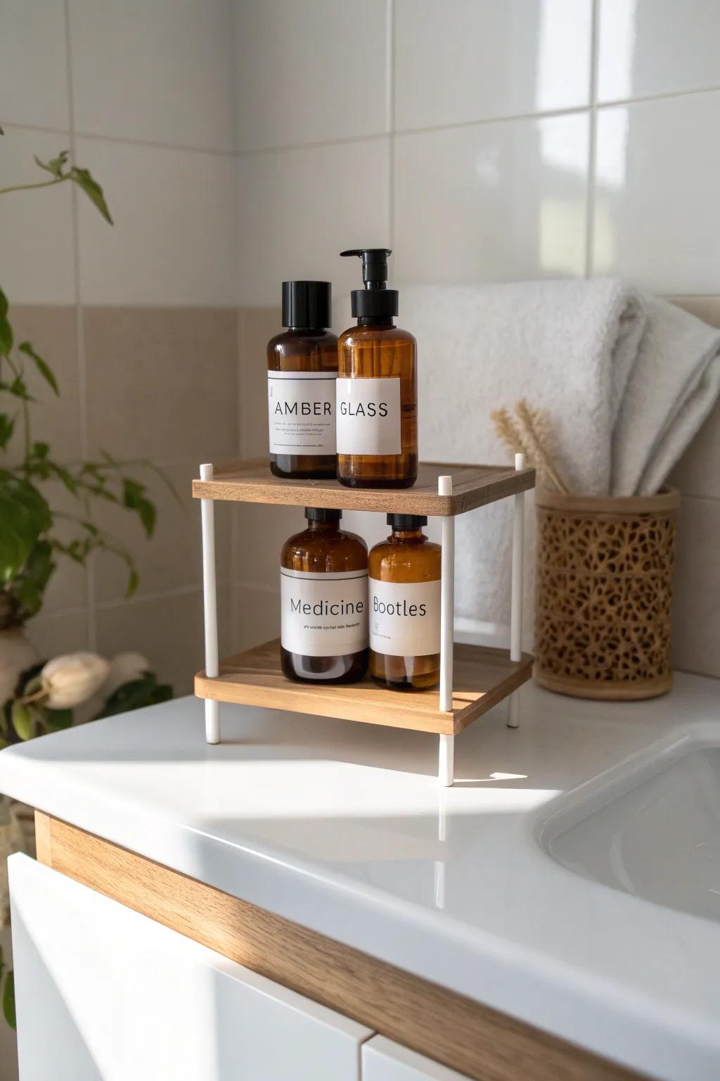 Two-tier shelf riser keeps medicine bottles visible, sorted by height, and beautifully tidy.