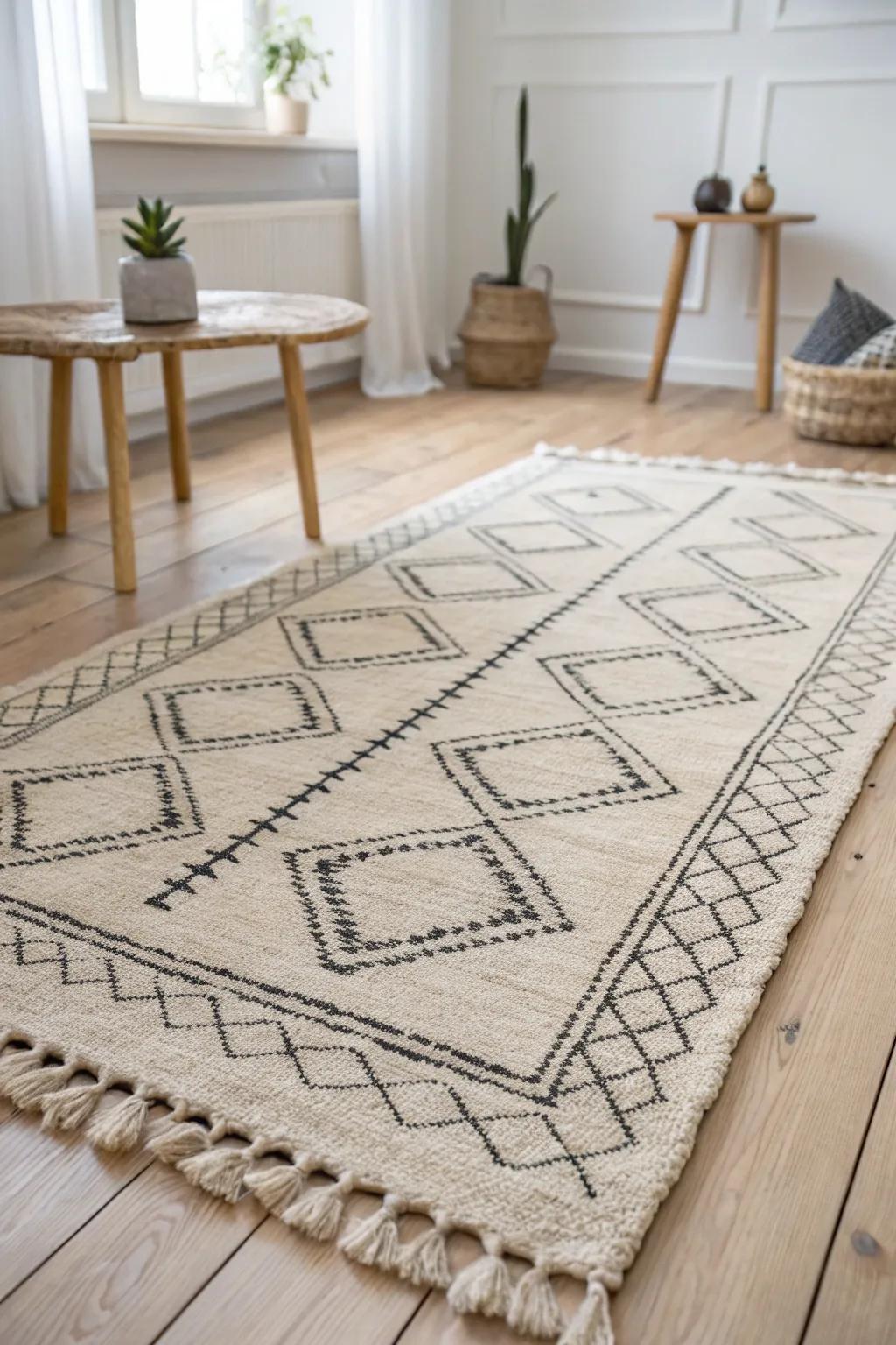A centered, handcrafted rug brings instant symmetry—small-space decor that looks polished.