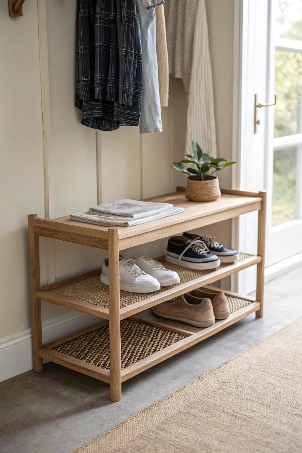 A simple low shoe shelf run that keeps sneakers, boots, and dress shoes neatly lined up.