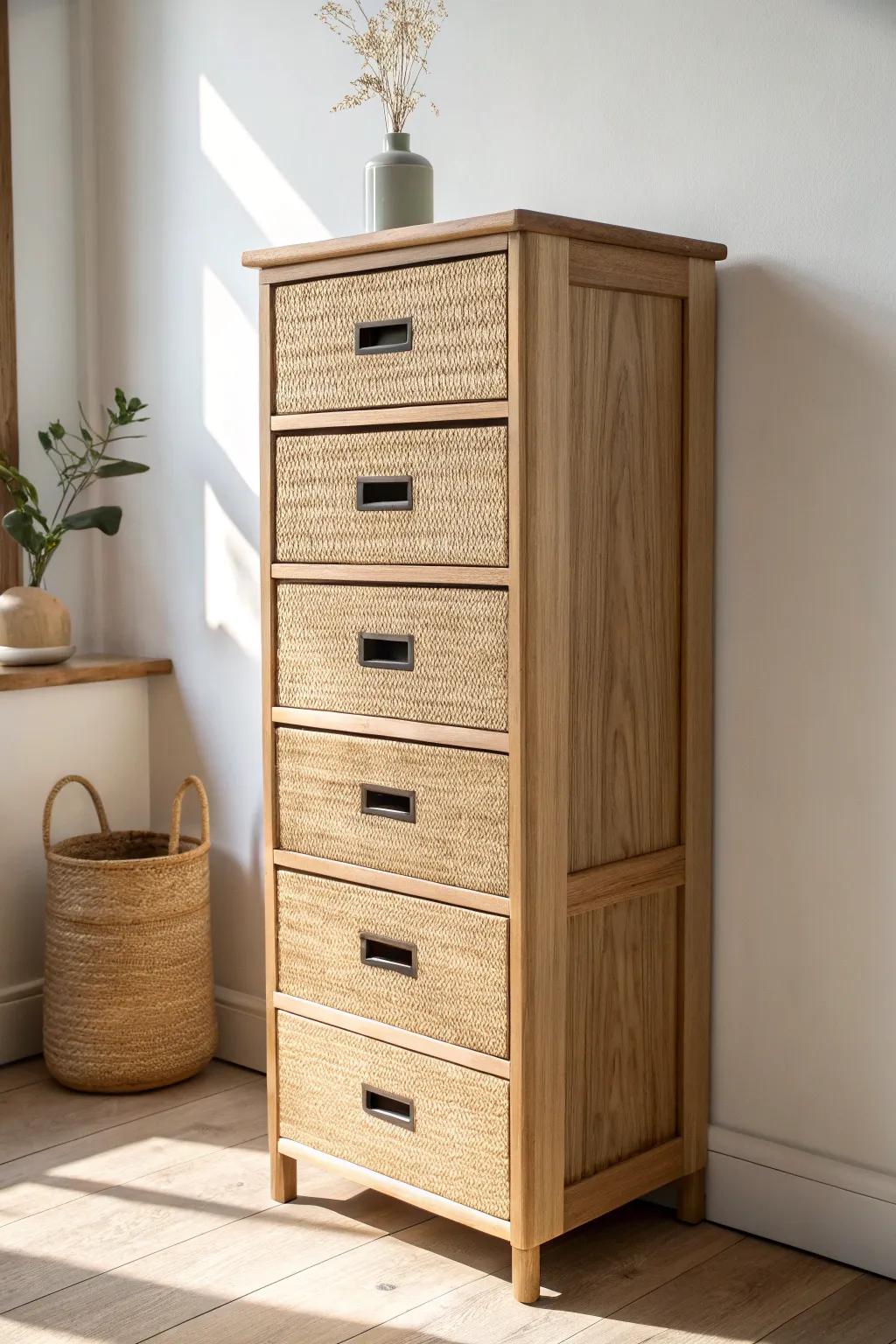 Slim tall dresser = vertical storage that hides clutter without stealing floor space.
