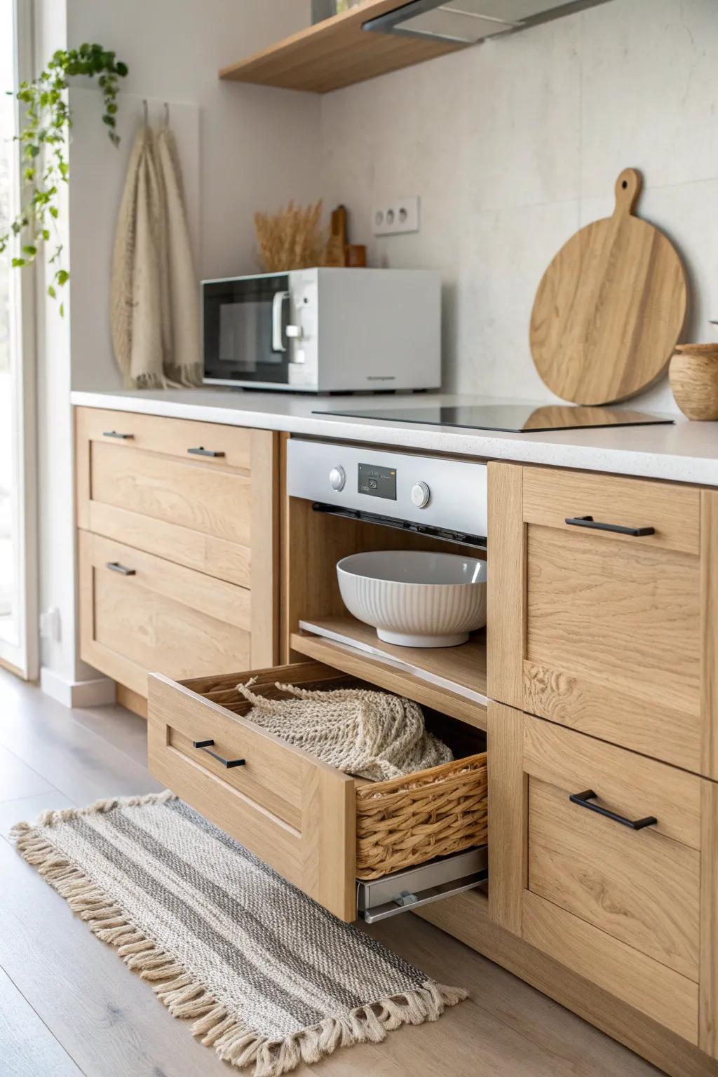A sleek under-counter microwave drawer keeps small kitchens tidy—and makes lifting bowls safer.