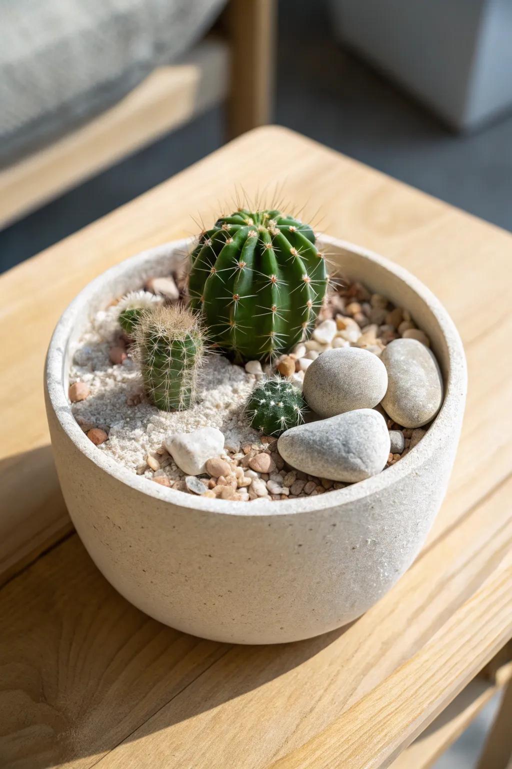 Sand-colored gravel and chunky stones create a tiny desert landscape that feels intentional.