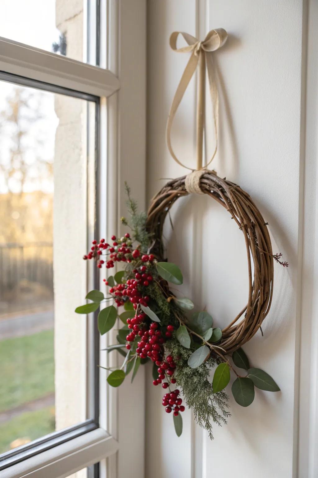 Tiny red berries give this simple mini wreath an instant festive boost—minimal yet cozy.