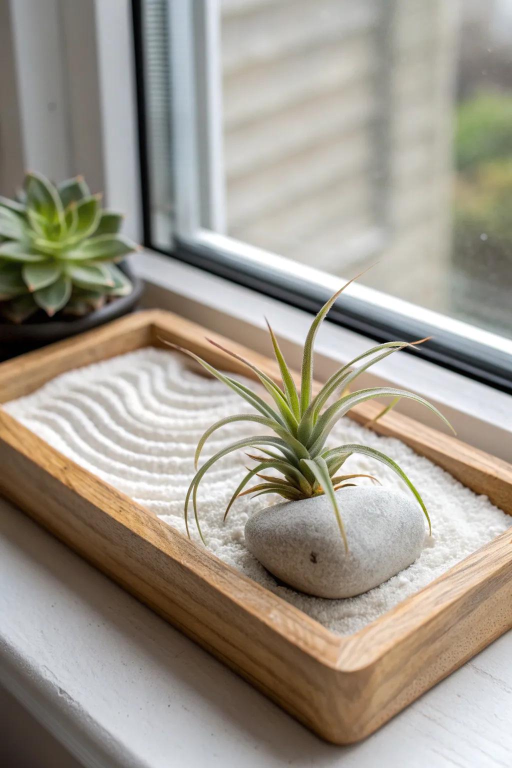 Soil-free serenity: an air plant on a stone perch with crisp raked sand waves.