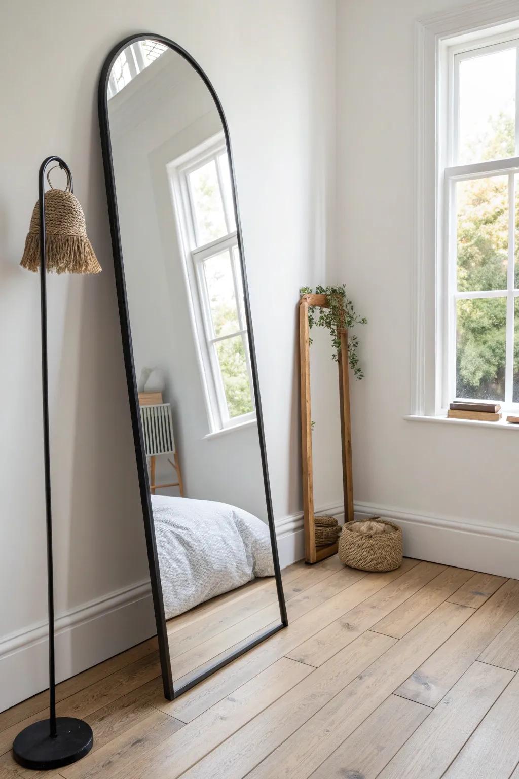 One oversized mirror expands a tiny bedroom—minimal, bright, and quietly boho.