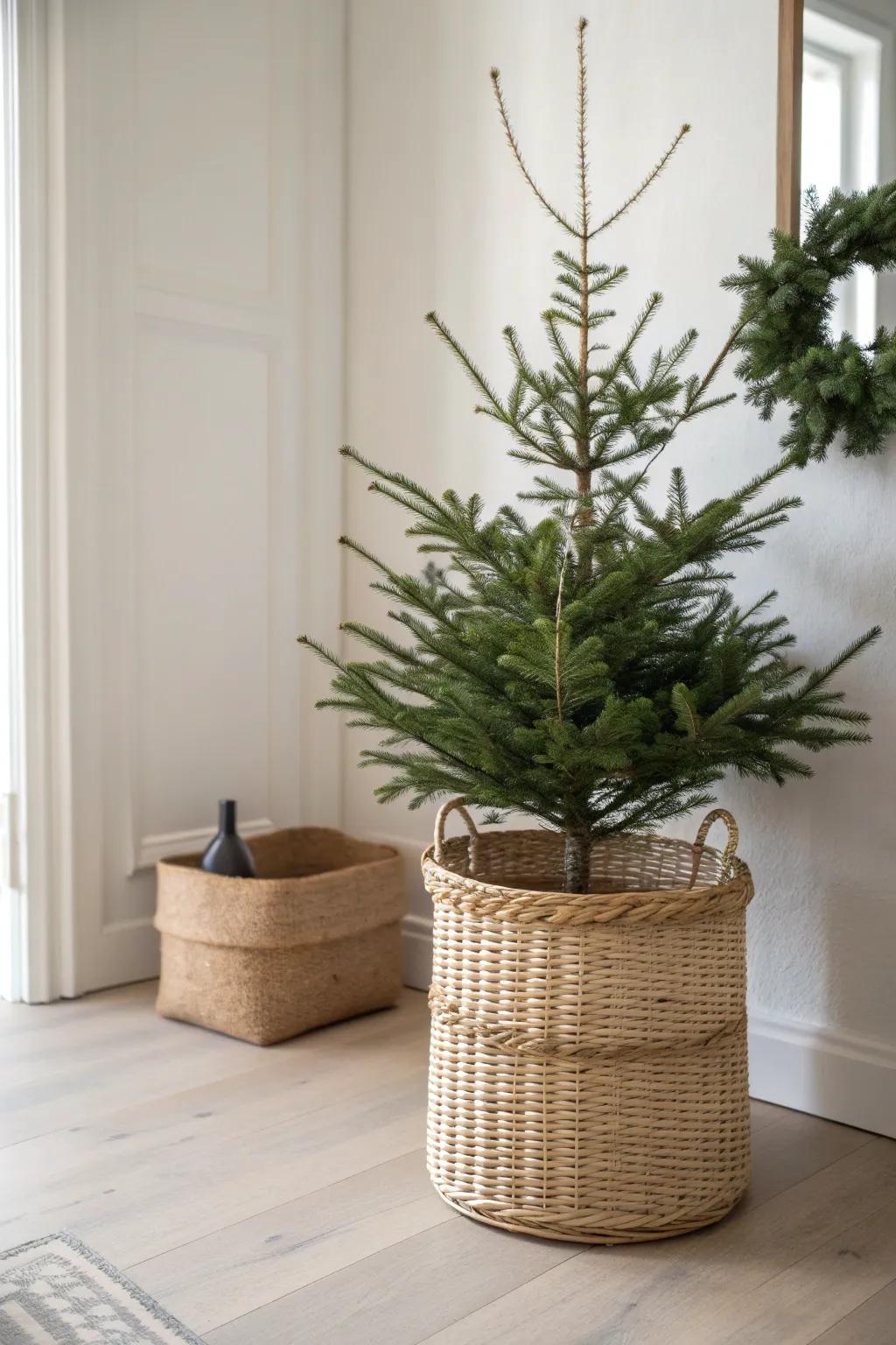 Swap the tree skirt for a woven basket base—clean, modern, and warmly textured.