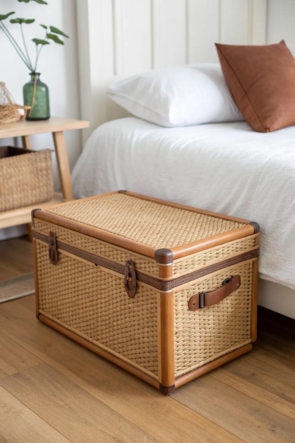 A lidded rattan trunk doubles as a minimalist nightstand—surface + hidden storage in one.