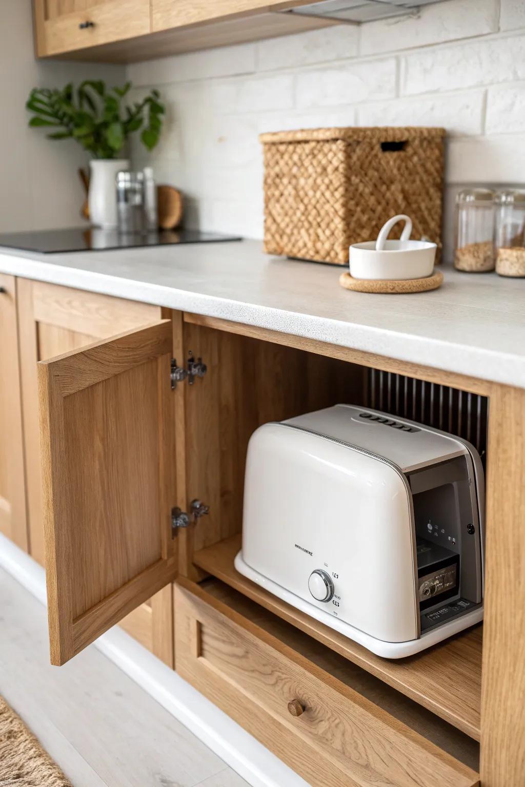 A simple appliance garage: hide the toaster in a lower cabinet for clutter-free counters.