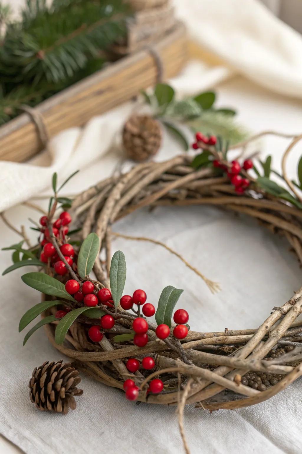 Bring nature indoors with a touch of rustic elegance: handcrafted twig mistletoe with faux berries.