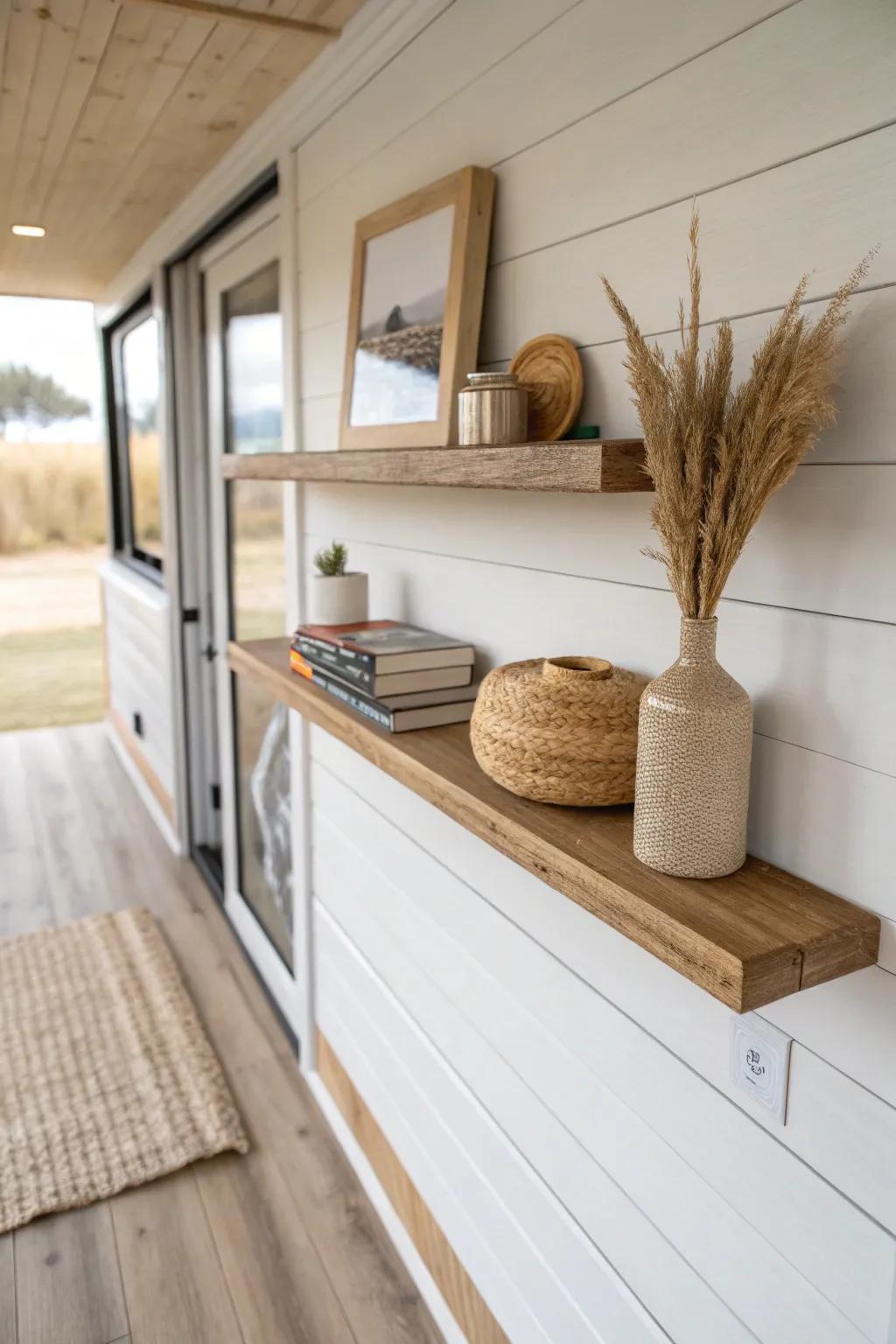 Swap bulky bookcases for a crafted oak floating shelf—airy storage with zero visual weight.