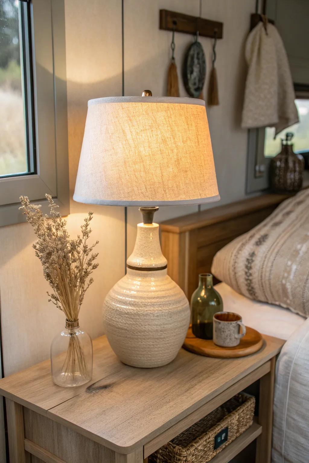 Layered light in a small mobile home: one warm table lamp turns flat lighting into cozy.