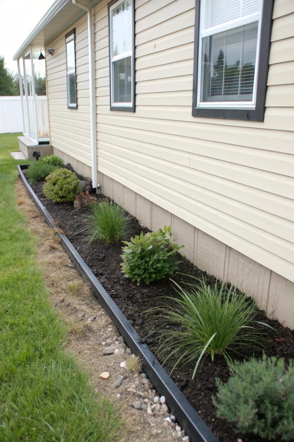 Crisp metal edging + repeating plants make a mobile home exterior feel calm and upscale.