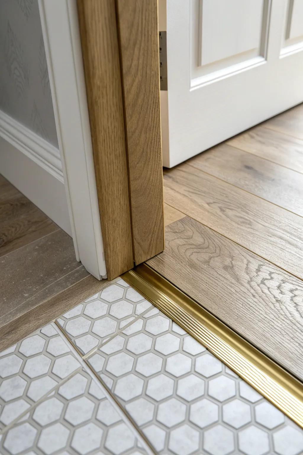 Tile-look vinyl plus a slim transition strip makes a tiny mobile home bath feel finished.