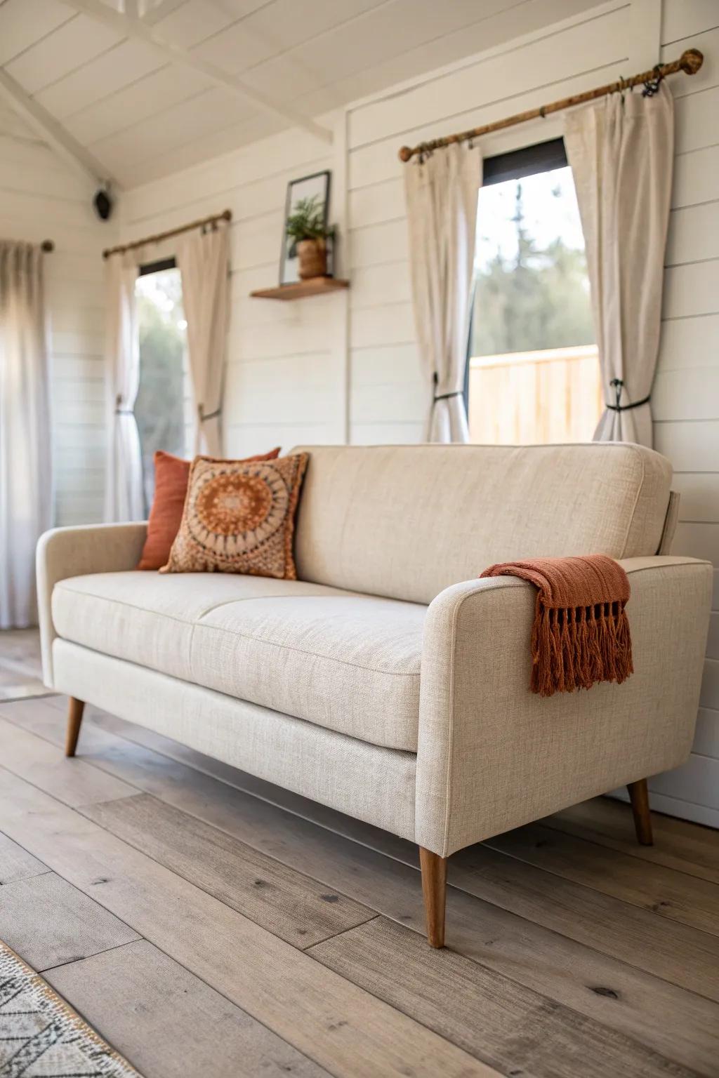 Low, leggy furniture keeps a mobile home living room airy—light, lift, and calm in one piece.