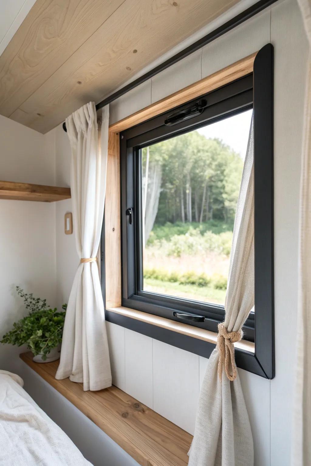 Deep charcoal window trim turns a small-space view into a bold, picture-frame moment.