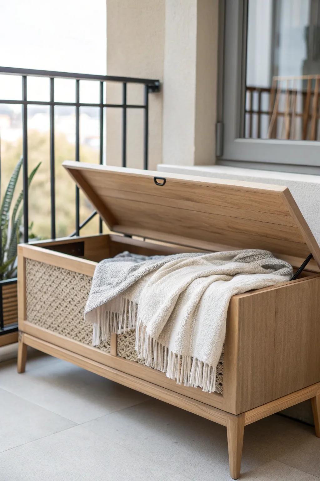 A sleek storage bench makes a small balcony feel cozy and clutter‑free—hide blankets and tools.